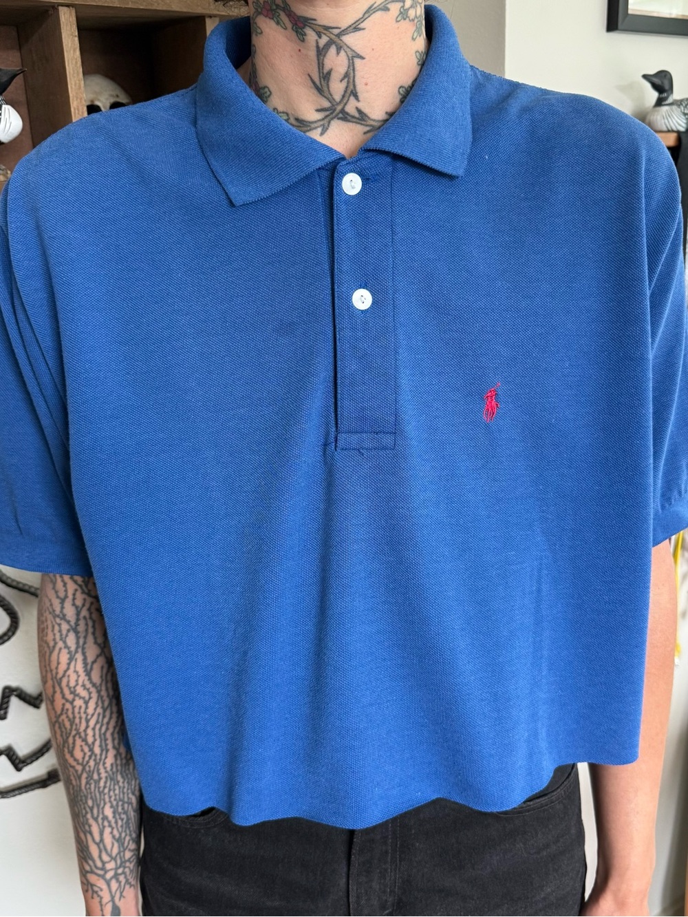 Vintage 80s Polo Ralph Lauren Blue Cropped S/S Knit Polo ~ Size Medium